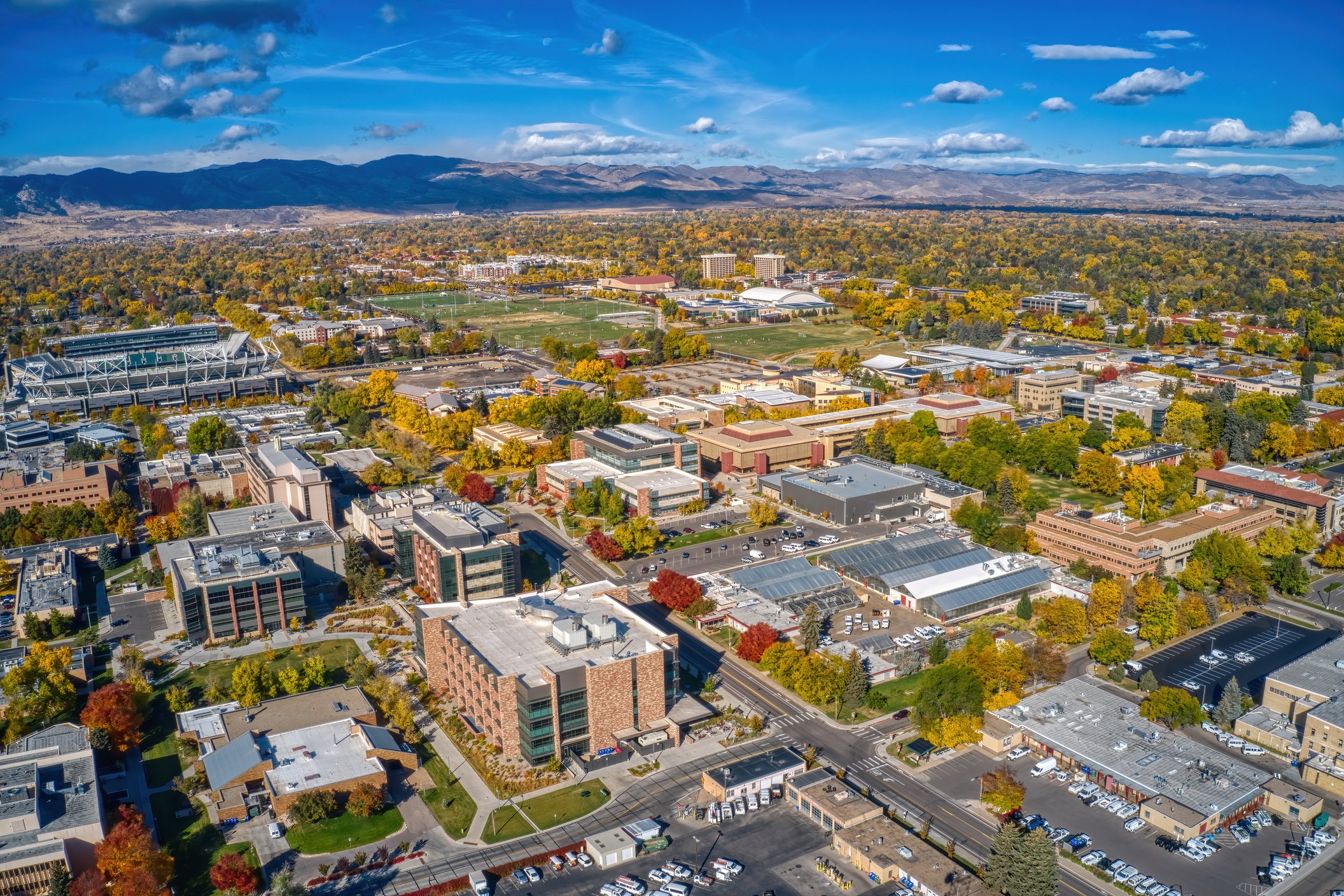 Aerial View of a large Univeristy in Fort Collins, Colorado during Autumn